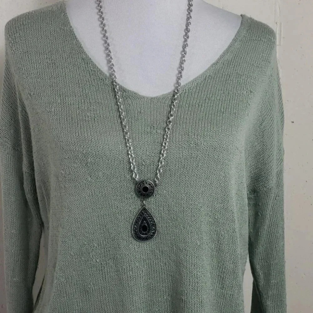 Bijoux Stella Pendant Necklace OS Silver Black Boho Teardrop Long Adjustable 32"